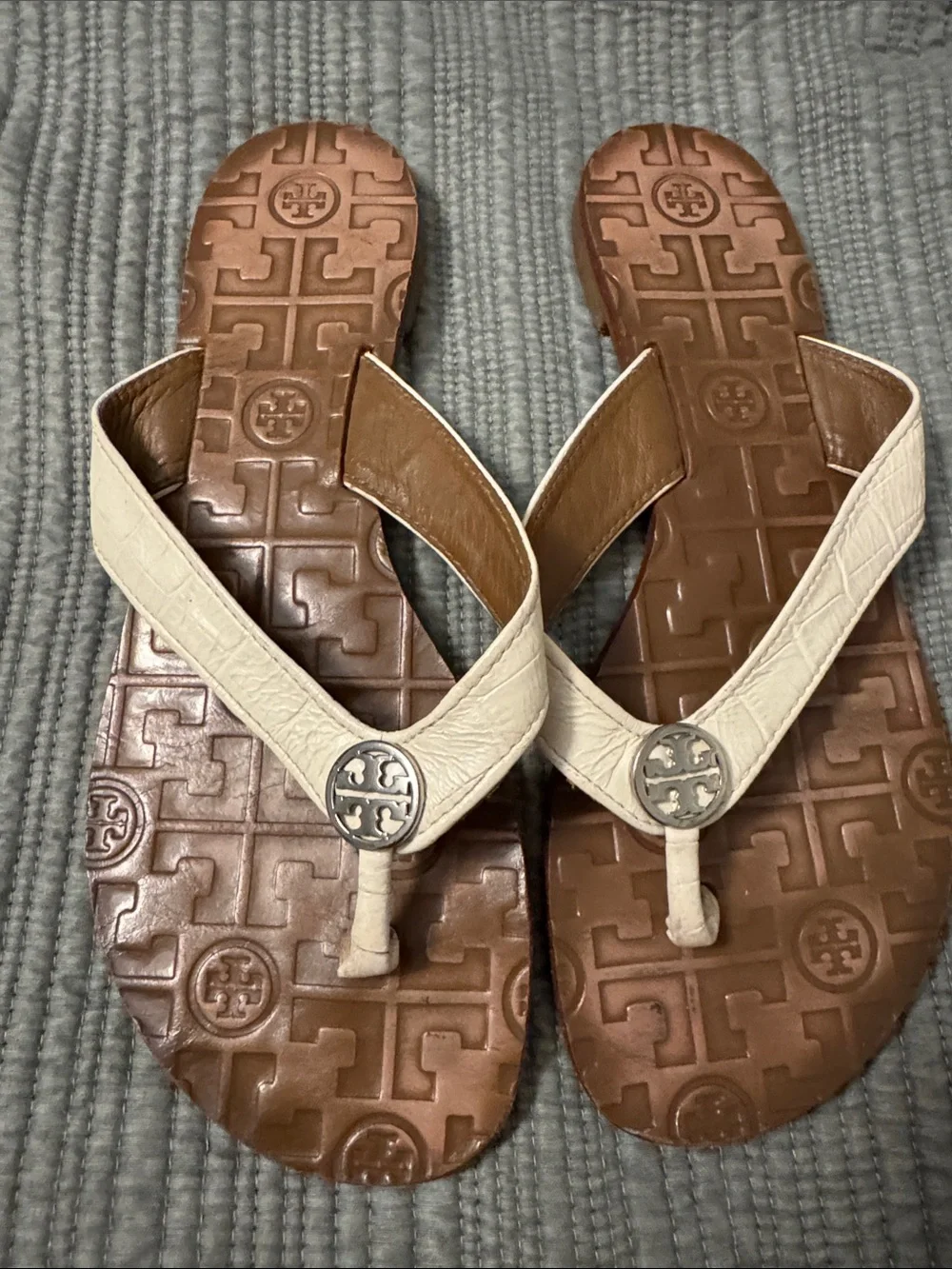 Tory Burch Light Cream Leather and Brown Logo-Embossed Thong Sandals